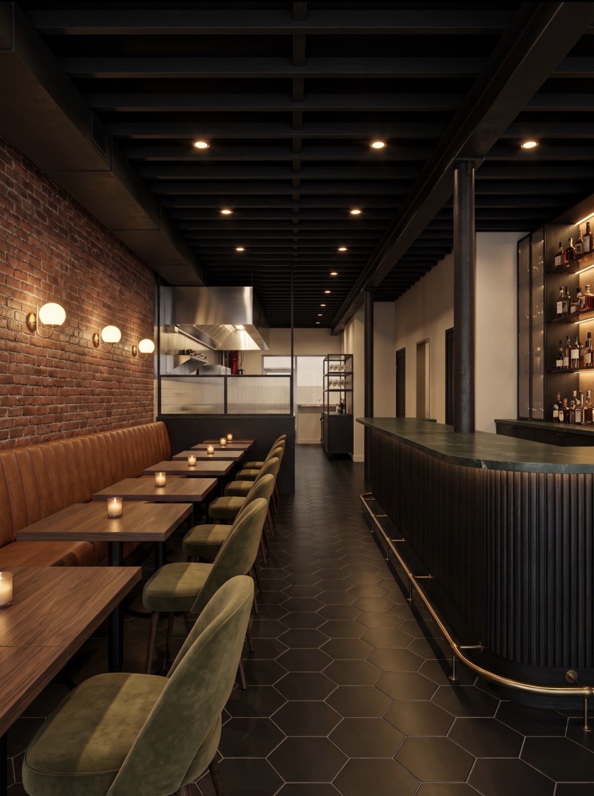 Doses main dining room with exposed brick, leather banquette, candlelit walnut tables, and a green marble bar