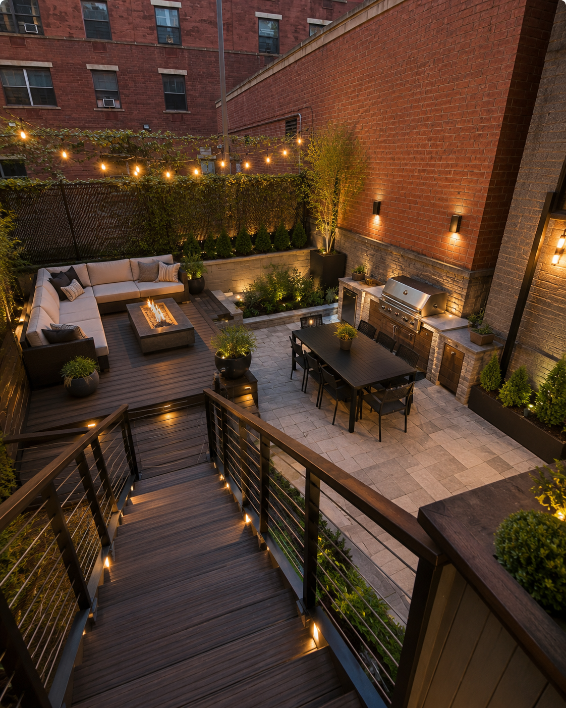 Outdoor patio dining at Doses Harlem at dusk — string lights over wooden tables, a lit fire pit, lounge seating, and a grill along the brick wall