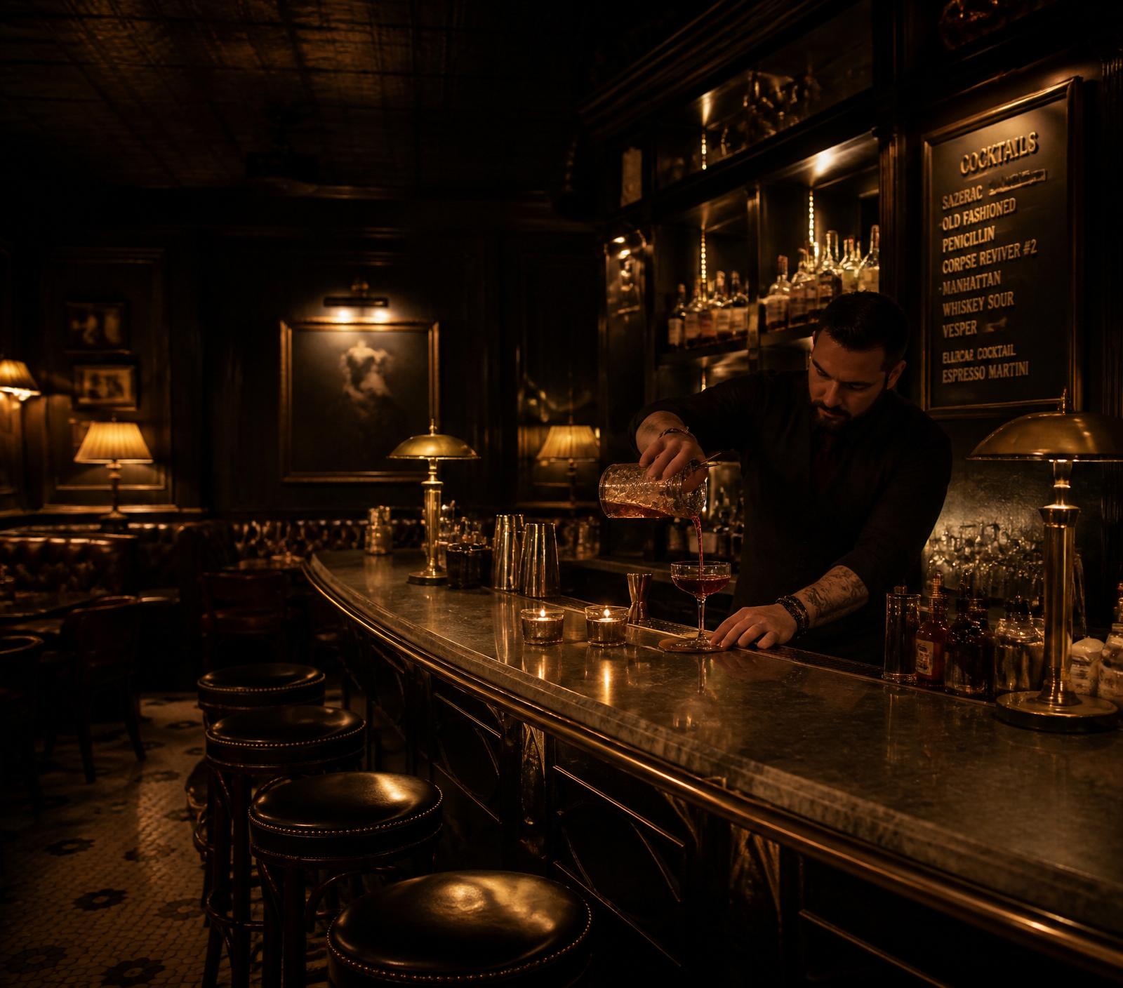 Bartender pouring a cocktail at the Love Jones speakeasy bar